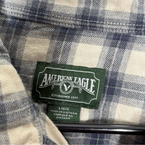 American Eagle Flannel Shirt Mens Blue Cream Button Up Long Sleeve Soft Large - Picture 4 of 4